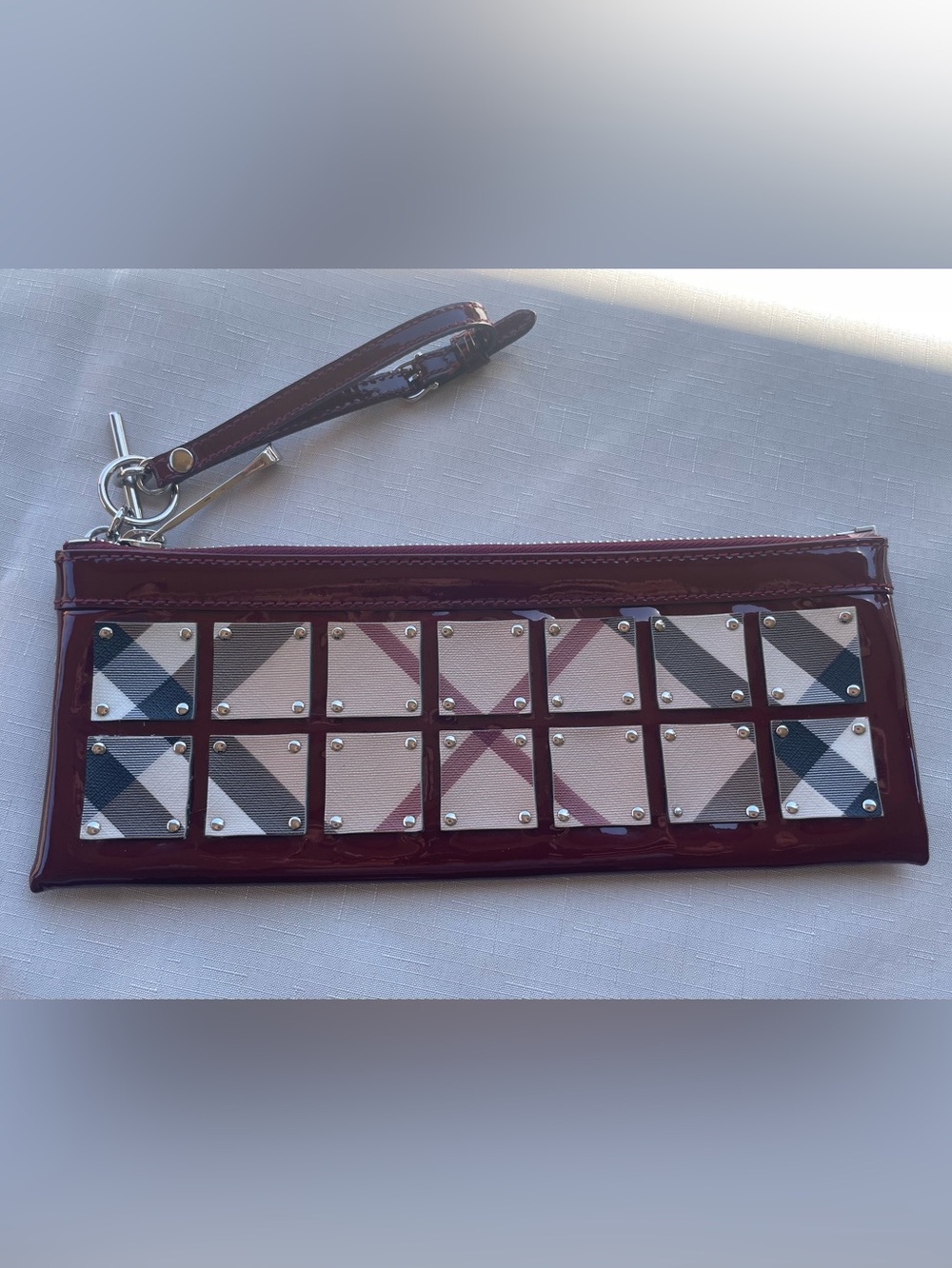 Burberry Oxblood Patent Nova Check Studded Wristlet Clutch Italy
